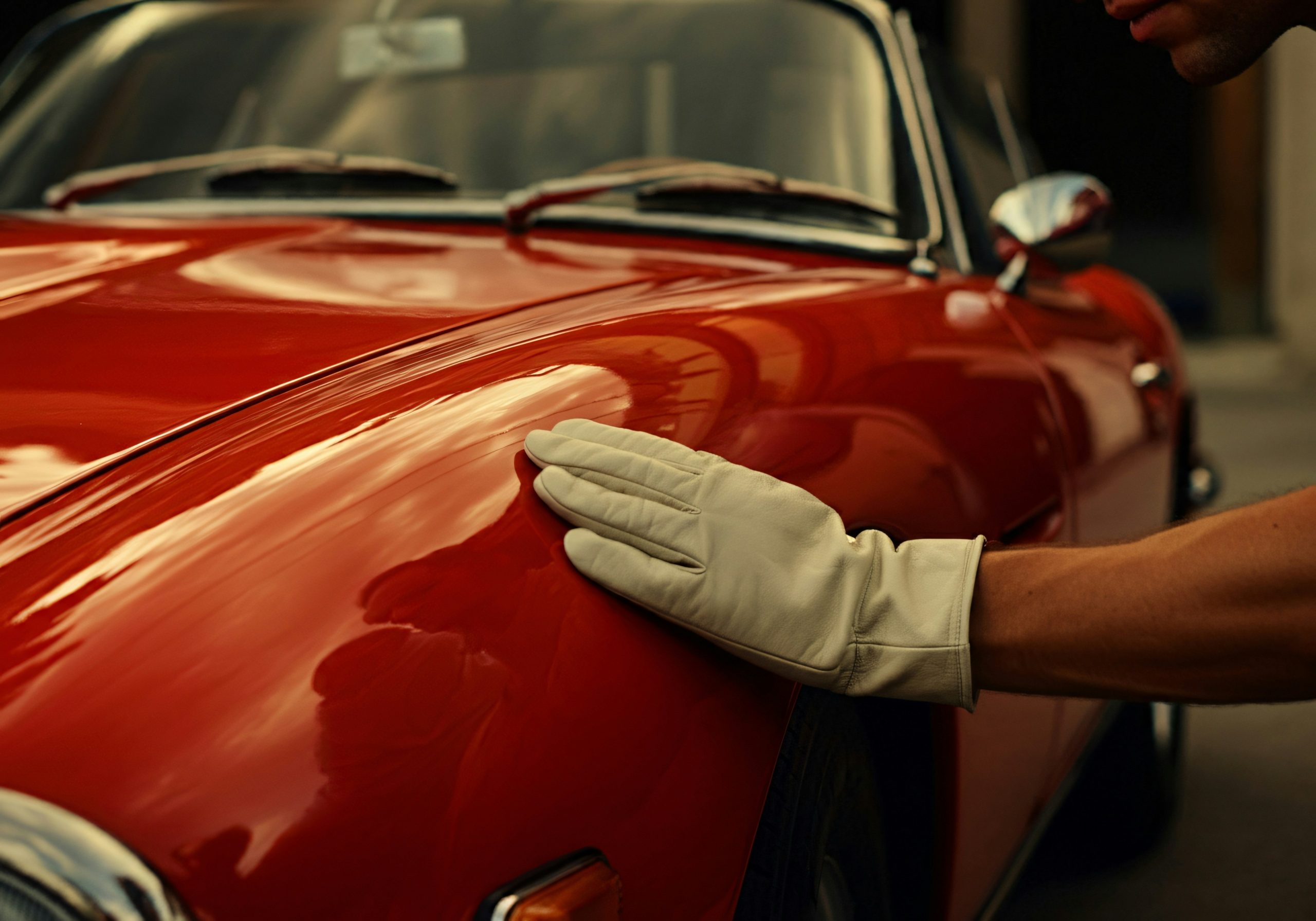 close-up of a gloved hand on a red classic car